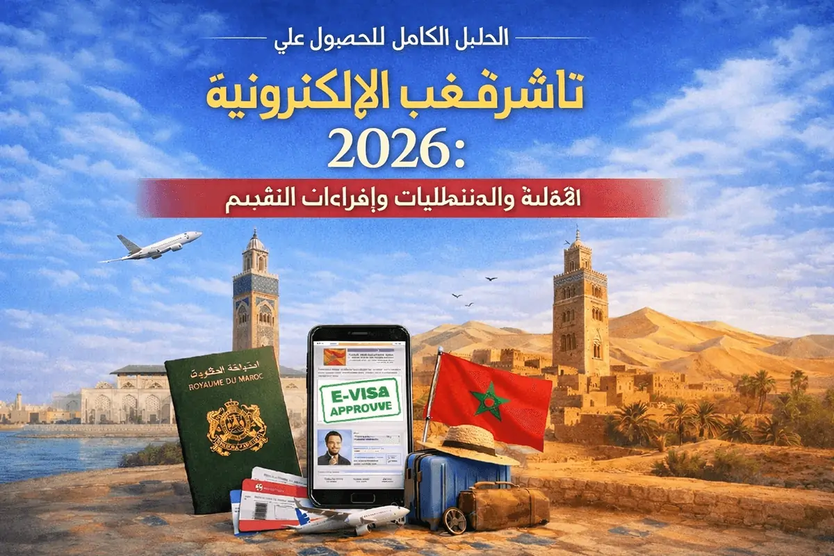 دليل السفر لتأشيرة المغرب الإلكترونية 2026 - قوس مغربي تقليدي ومنظر للمدينة عند غروب الشمس