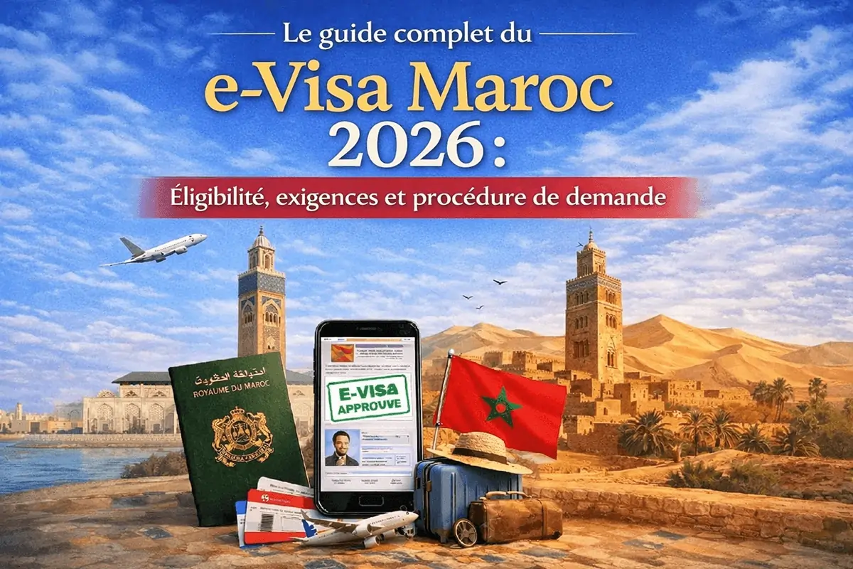 Guide de Voyage e-Visa Maroc 2026 - Arche marocaine traditionnelle et paysage urbain au coucher du soleil