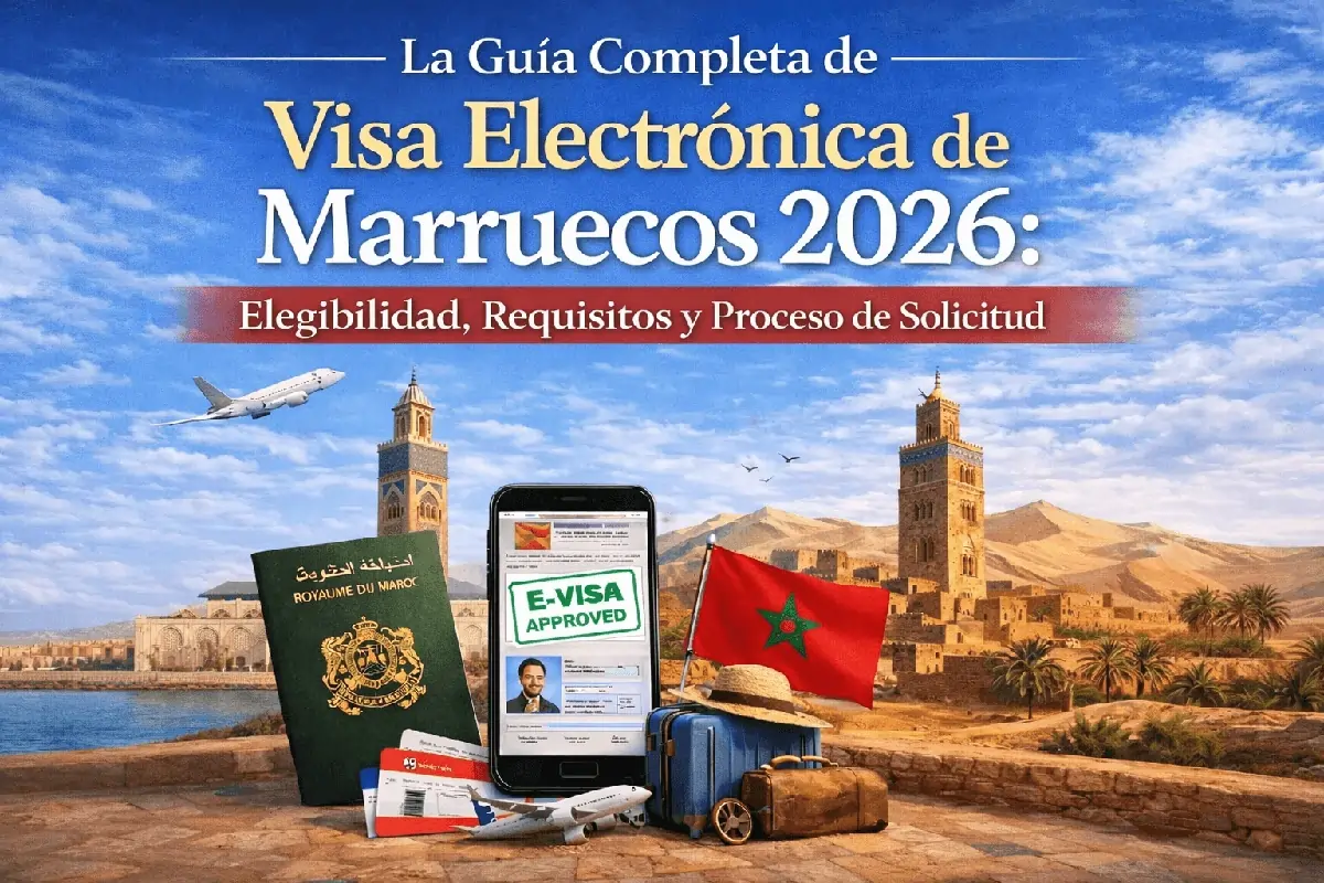 Guía de Viaje e-Visa de Marruecos 2026 - Arco Tradicional Marroquí y Paisaje Urbano al Atardecer